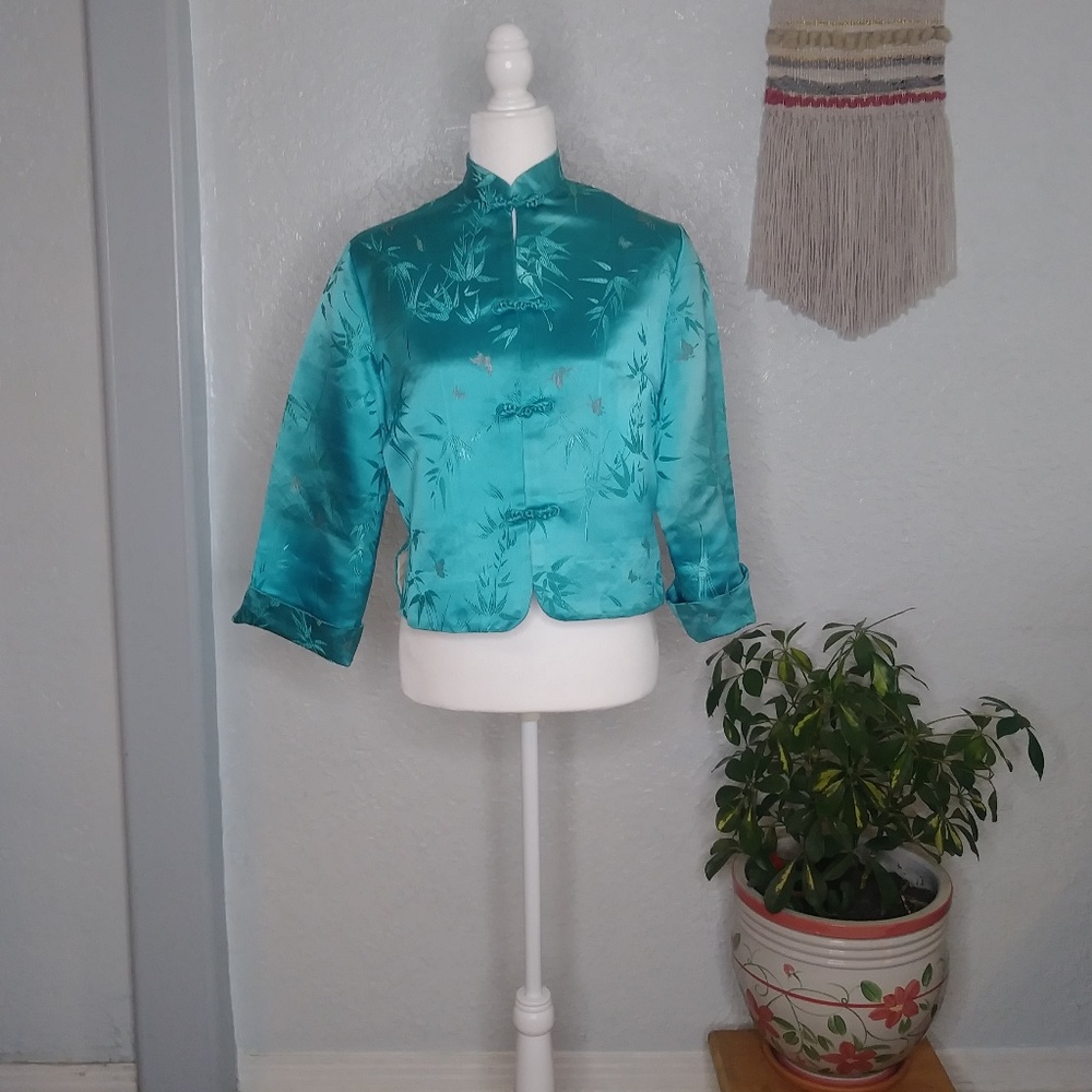 Vintage Teal Mandarin Collar Jacket